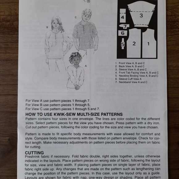 Kids Henley Shirts Pullover Tops Boys Girls Size 4-7 Kwik Sew 2420 UNCUT - Picture 8 of 9